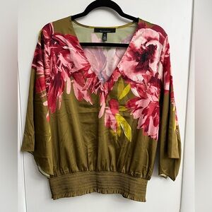White House Black Market Floral V-Neck Blouse - Olive and Red